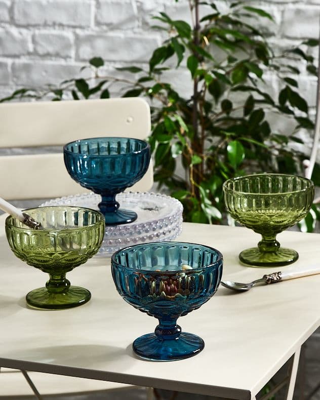 Set 4 Vintage & Green Glass Trifle Bowl Dessert Bowls