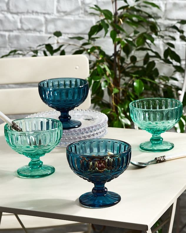 Set 4 Vintage Turquoise Glass Trifle Bowl Dessert Bowls