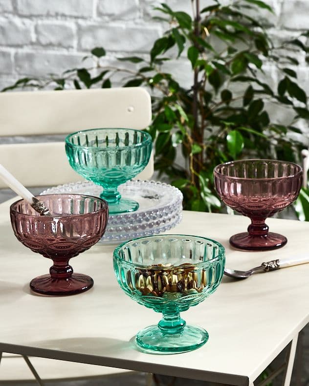 Set 4 Vintage Turquoise & Pink Glass Trifle Bowl Dessert Bowls
