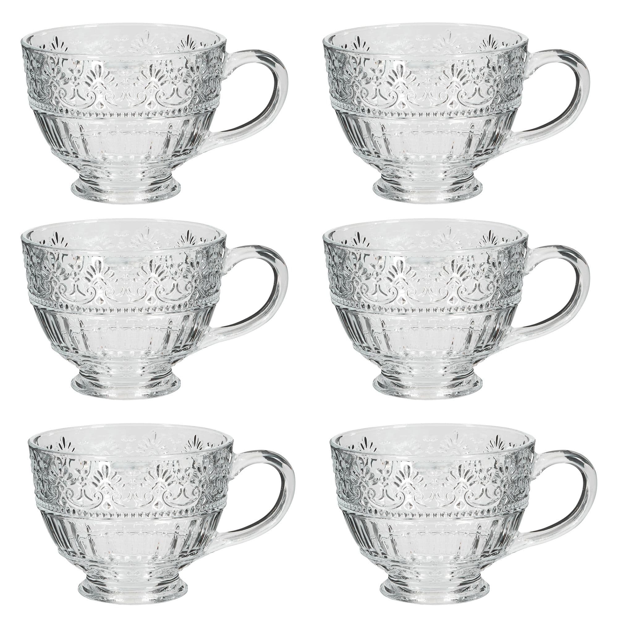 Set 6 Vintage Style Embossed Footed Coffee Mug Tea Cups