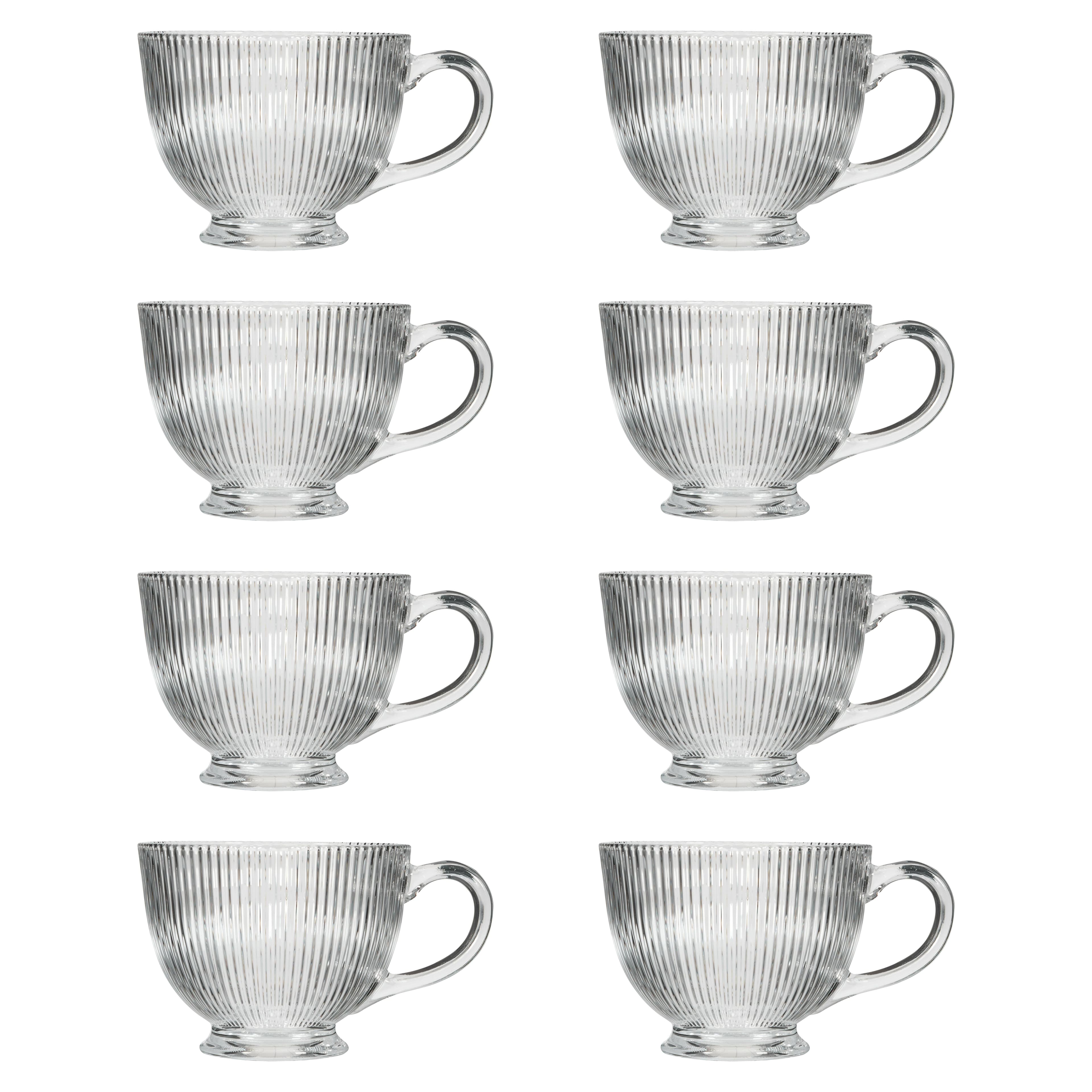 Set 8 Embossed Footed Glass Coffee Mug Tea Cups