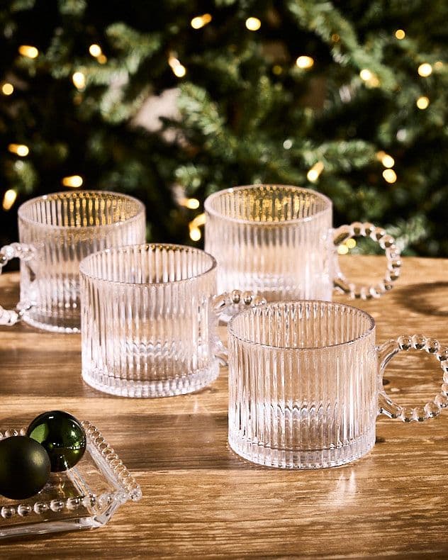 Set 4 Bella Perle Ribbed Glass Coffee Mug Tea Cups