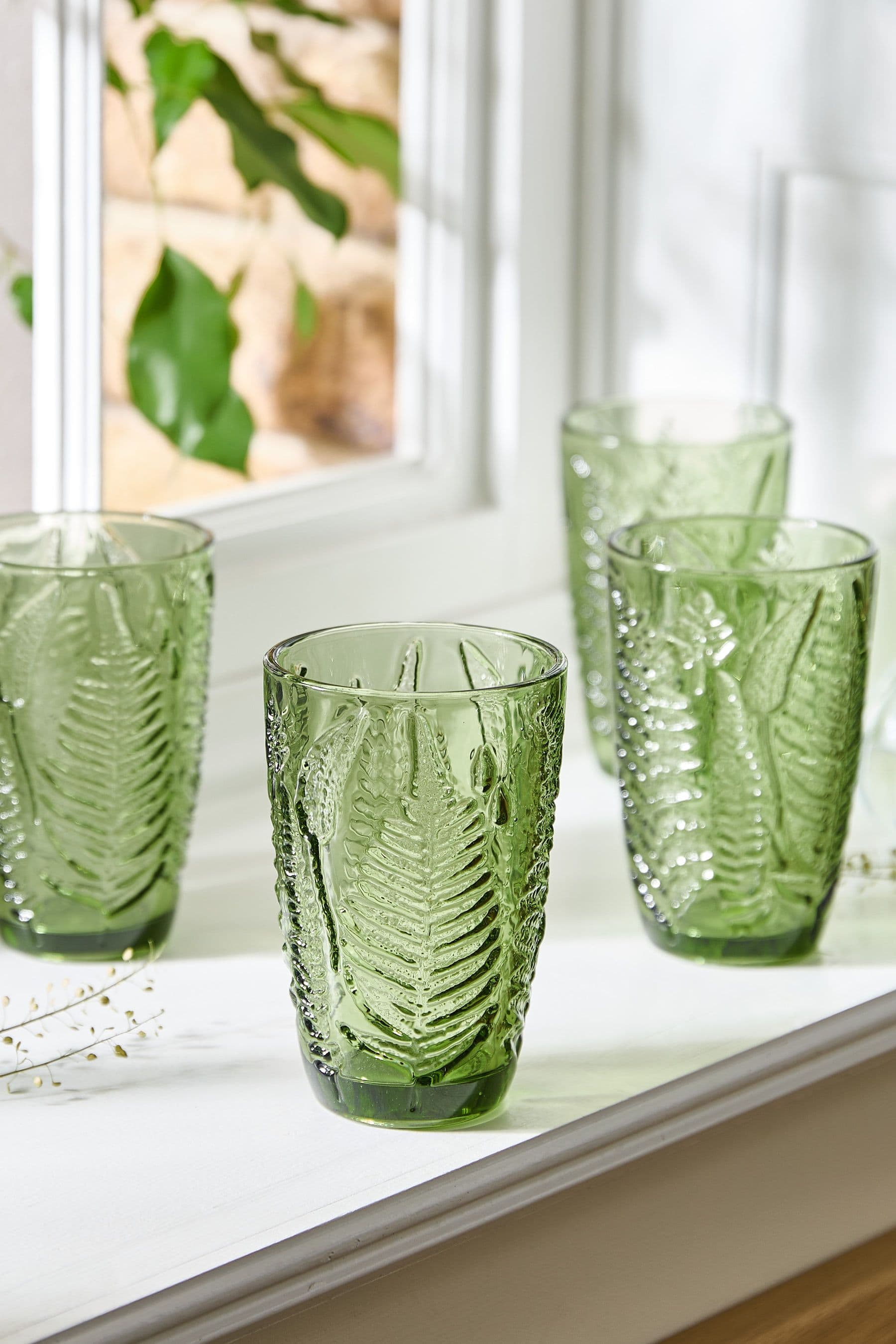 Set 4 Luxury Leaf Embossed Tall Highball Drinking Glass Tumblers
