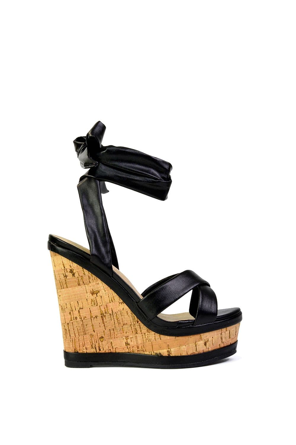 XY London Women's 'Kammie' Lace Up Strappy Cork Platform Wedge Heel Sandal Shoes in Black | Size: 4