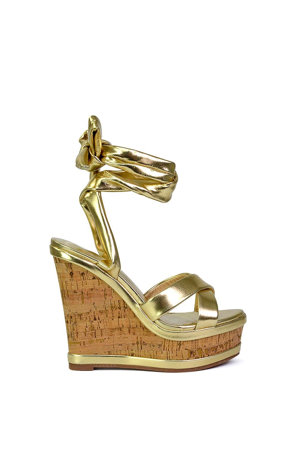 XY London Women's 'Kammie' Lace Up Strappy Cork Platform Wedge Heel Sandal Shoes in Metallic Gold | Size: 4