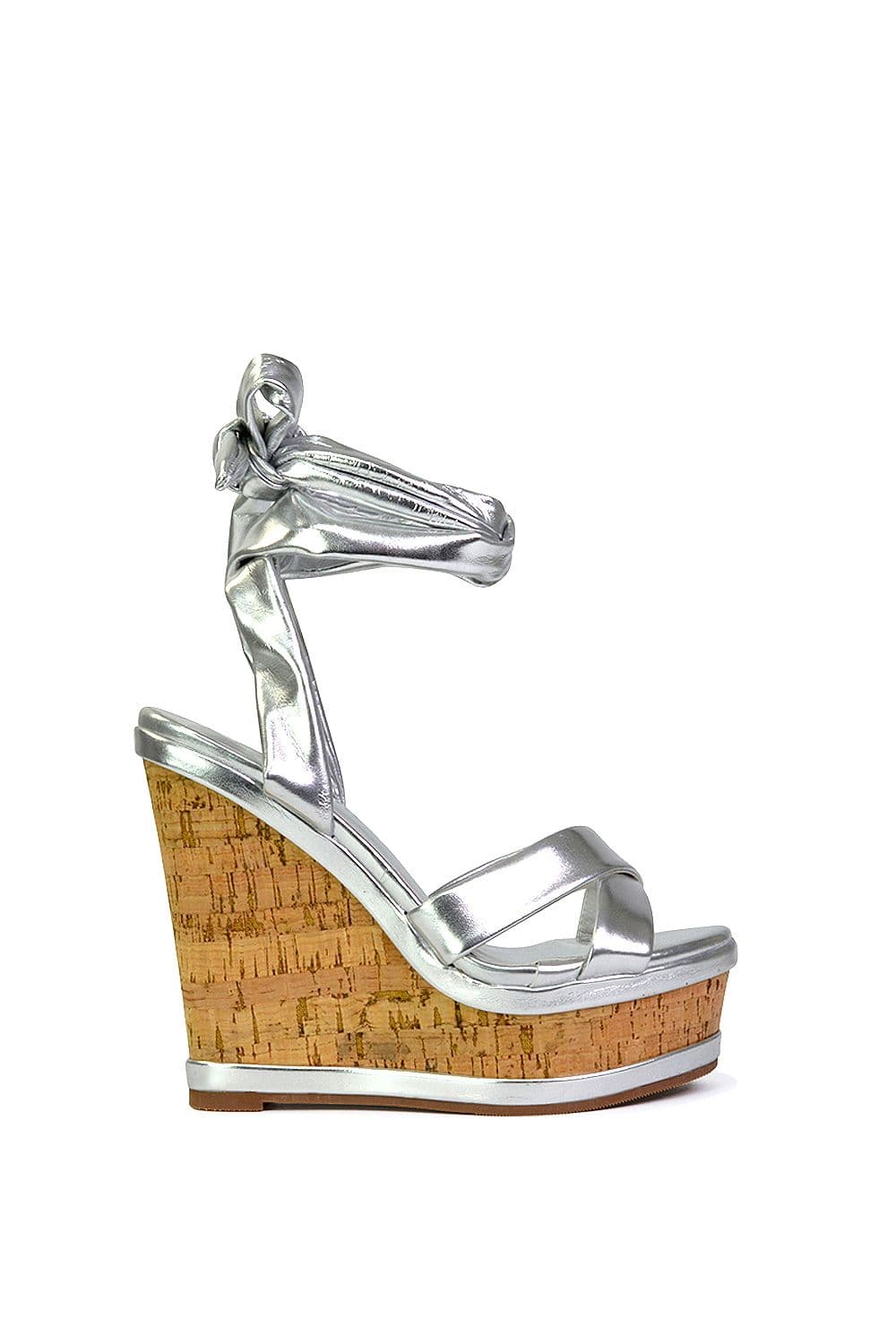XY London Women's 'Kammie' Lace Up Strappy Cork Platform Wedge Heel Sandal Shoes in Metallic Silver | Size: 4