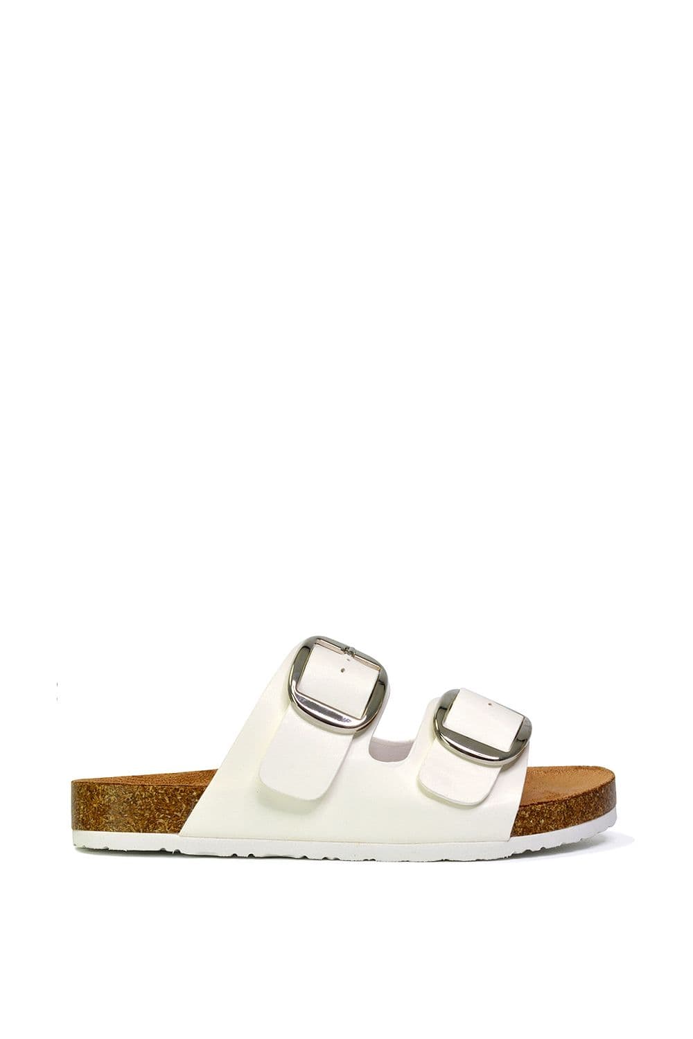 XY London Women's 'Dolly' Slip On Slider Double Buckle Flat Sandals in White | Size: 7