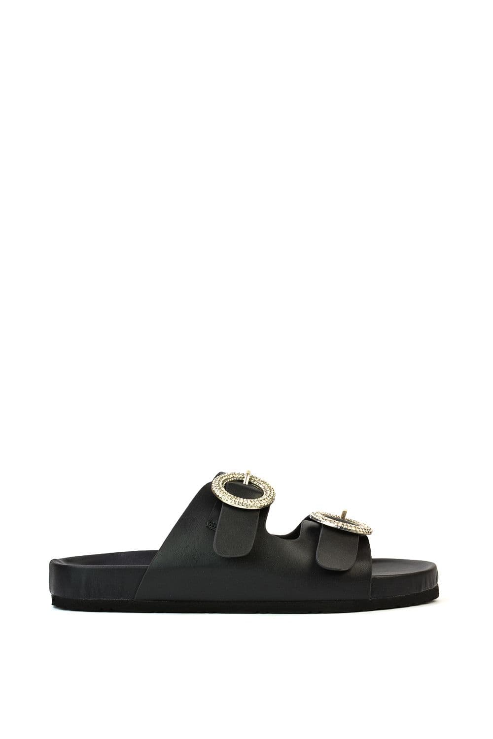 XY London Women's 'Reggie' Slip On Flat Sandals Sliders With Double Strap Diamante Buckle in Black | Size: 6