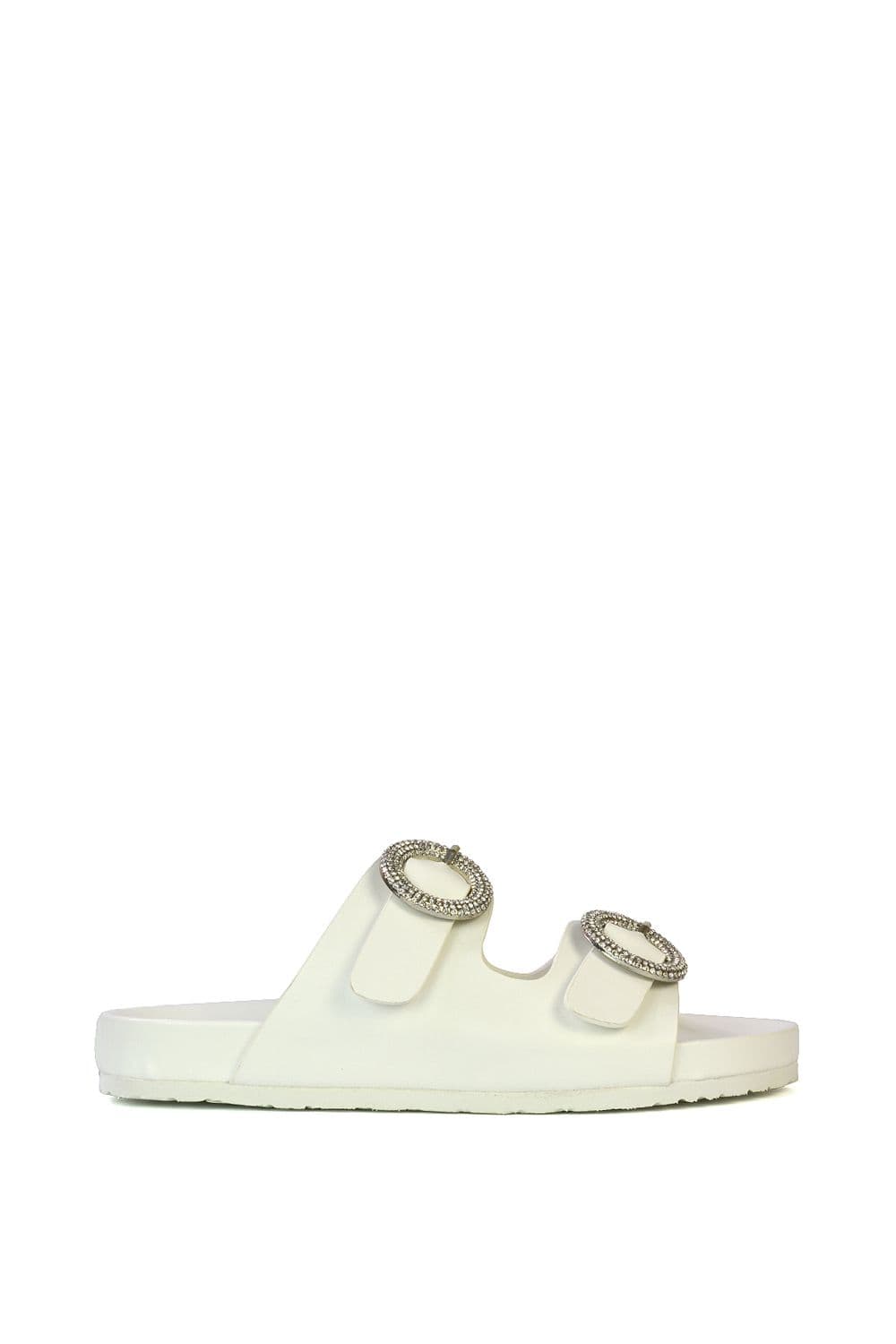 XY London Women's 'Reggie' Slip On Flat Sandals Sliders With Double Strap Diamante Buckle in White | Size: 7