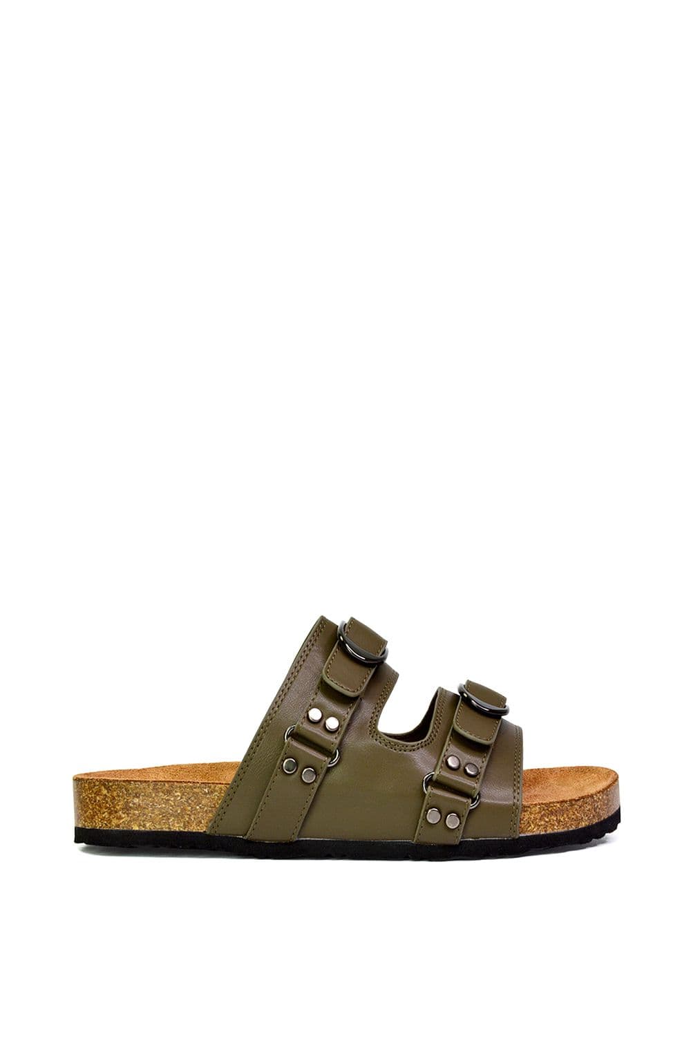 XY London Women's 'Evan' Strappy Slip On Buckle Flat Sandal Sliders in Khaki | Size: 3