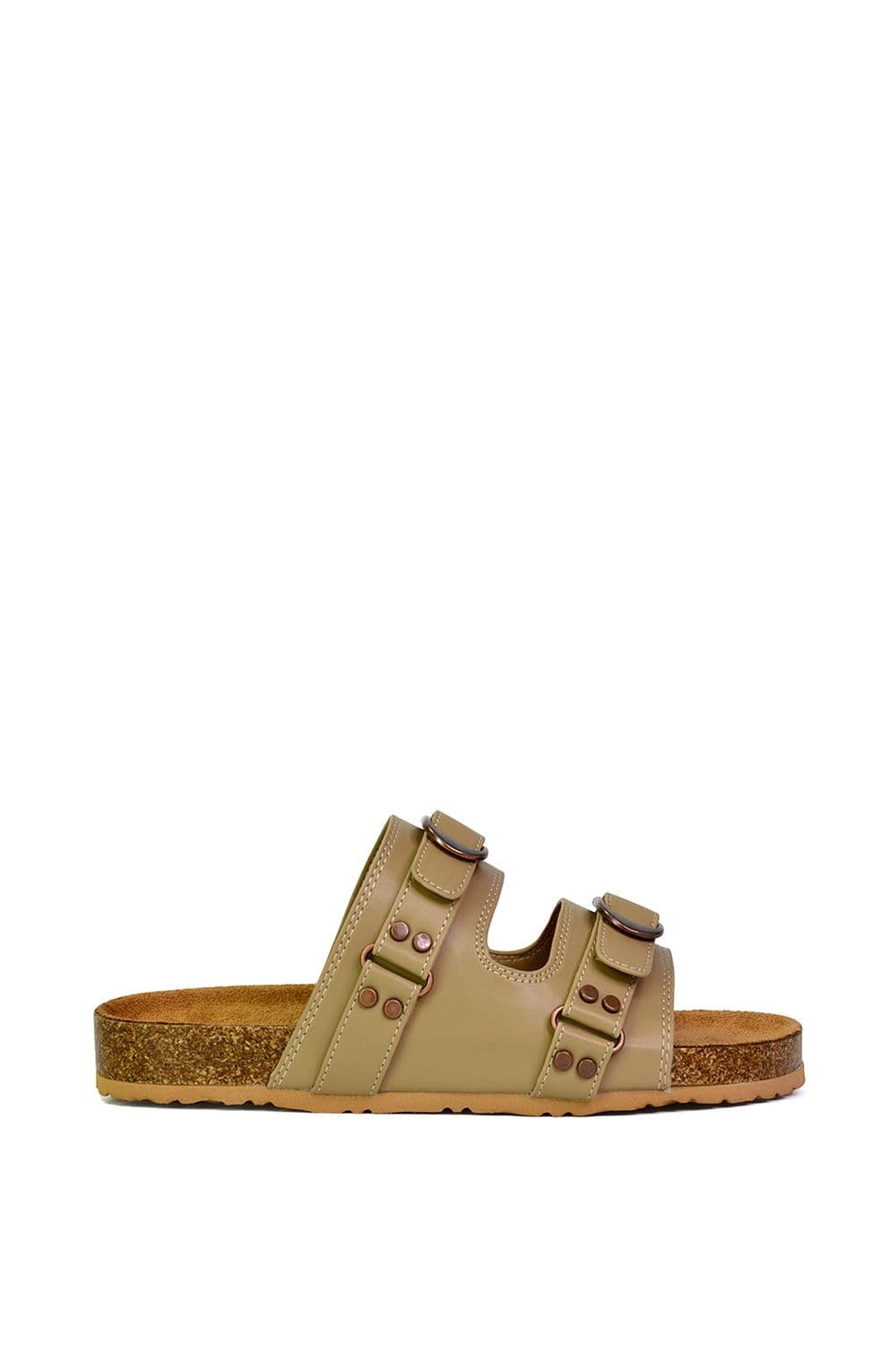 XY London Women's 'Evan' Strappy Slip On Buckle Flat Sandal Sliders in Taupe | Size: 3