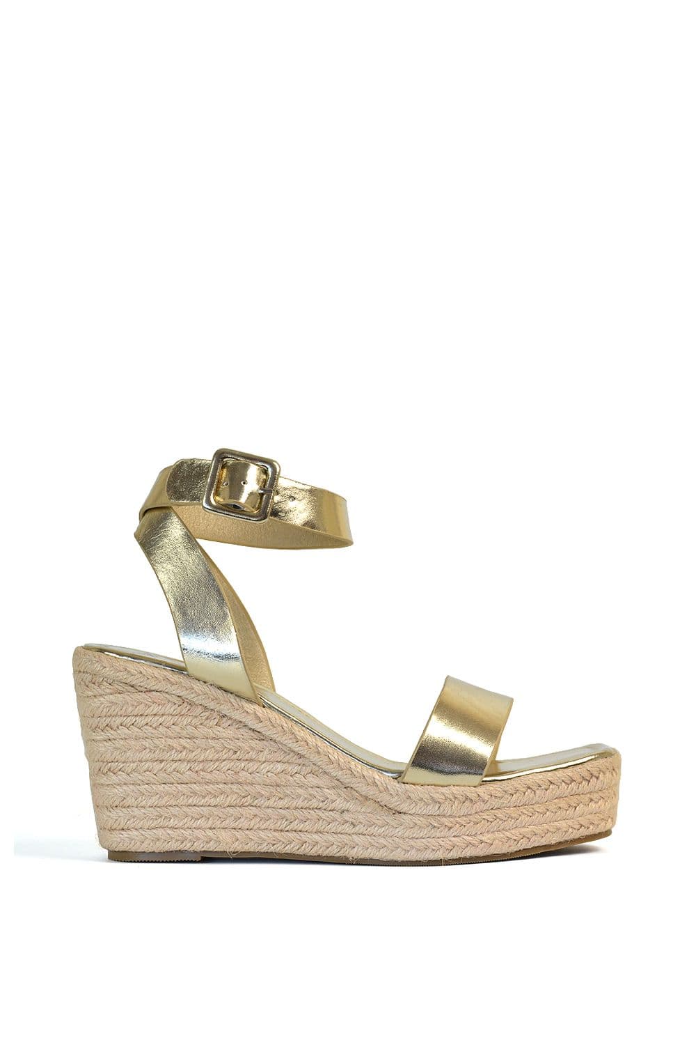 XY London Women's 'Linda' Strappy Platform Woven Wedge Heel Sandals in Metallic Gold | Size: 7