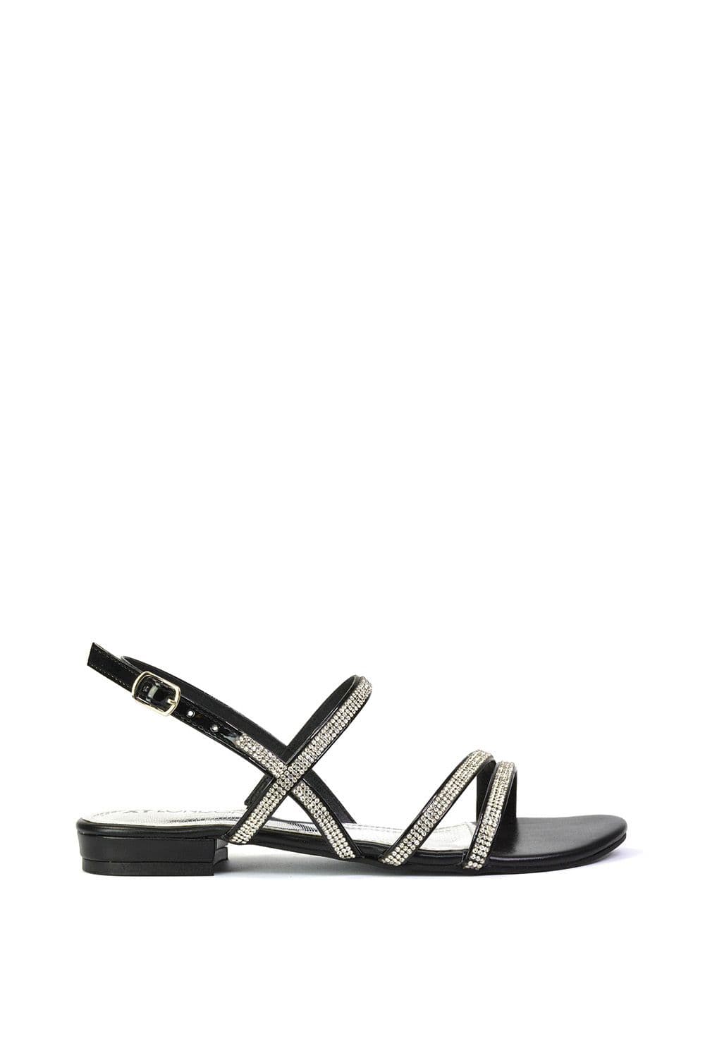 XY London Women's 'Orla' Strappy Summer Flat Diamante Sandals Flats in Black | Size: 7