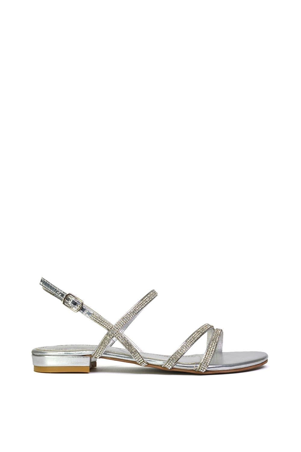 XY London Women's 'Orla' Strappy Summer Flat Diamante Sandals Flats in Silver | Size: 5