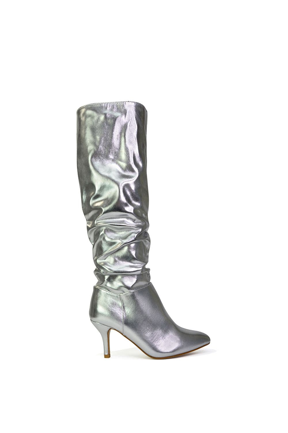 XY London Women's 'Sian' Ruched Knee High Pointed Mid Stiletto Heel Boots in Metallic Silver | Size: 7
