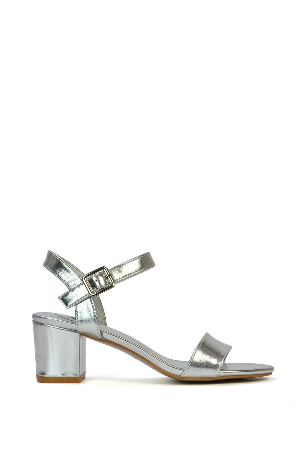 XY London Women's 'Jessica' Strappy Open Toe Mid Block Heel Sandals With Ankle Strap in Metallic Silver | Size: 7