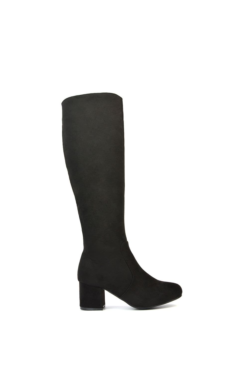 XY London Women's 'Honey' Knee High Boots with Mid Block Heel & Inside Zip in Jet Black | Size: 7