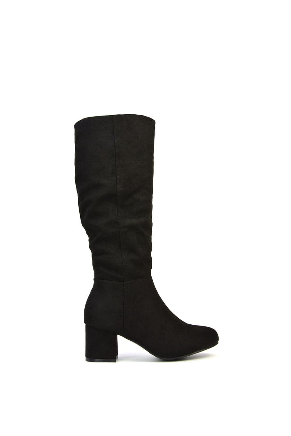 XY London Women's 'Jackie' Ruched Mid Block High Heel Knee High Boots in Jet Black | Size: 8