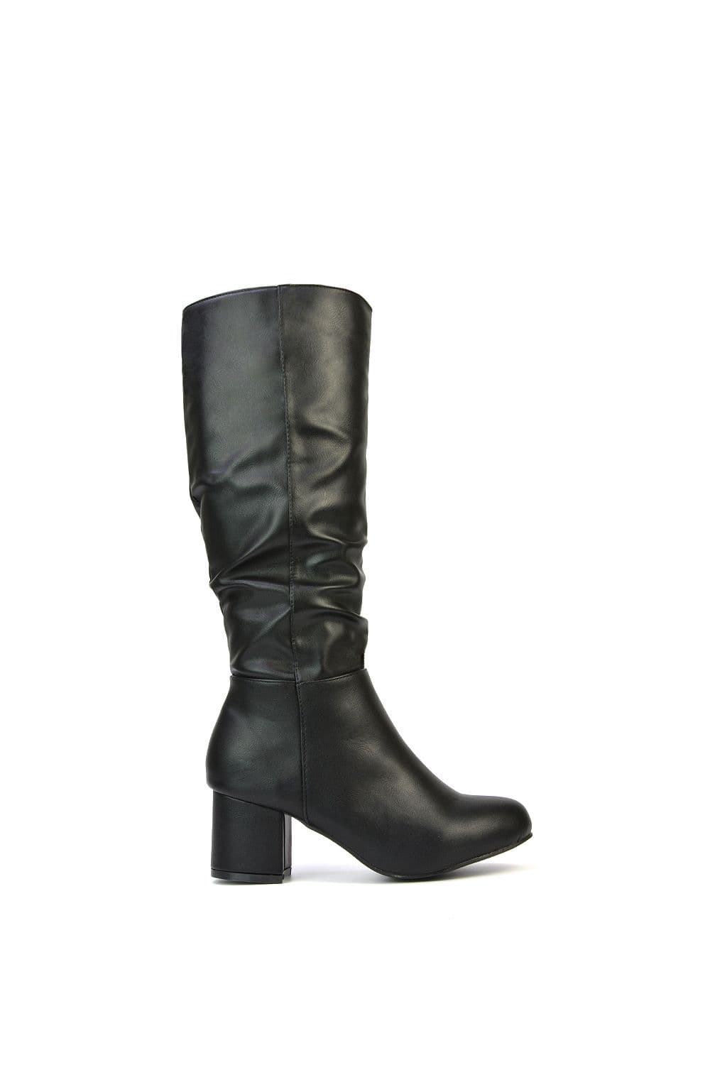 XY London Women's 'Jackie' Ruched Mid Block High Heel Knee High Boots in Black | Size: 7
