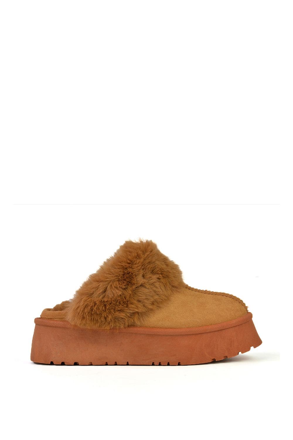 XY London Women's 'Faith' Slip On Faux Fur Slippers with Platform Sole in Tan | Size: 7