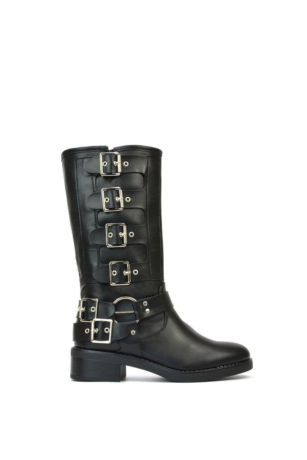 'Danni' Chunky Block Heel Buckle Up Biker Boots