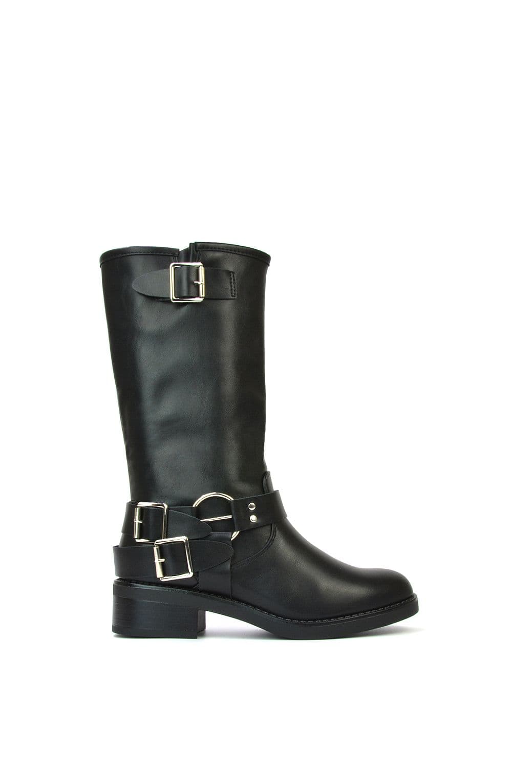 'Tazmin' Chunky Sole Low Block Heel Biker Boots With Buckle Detaili