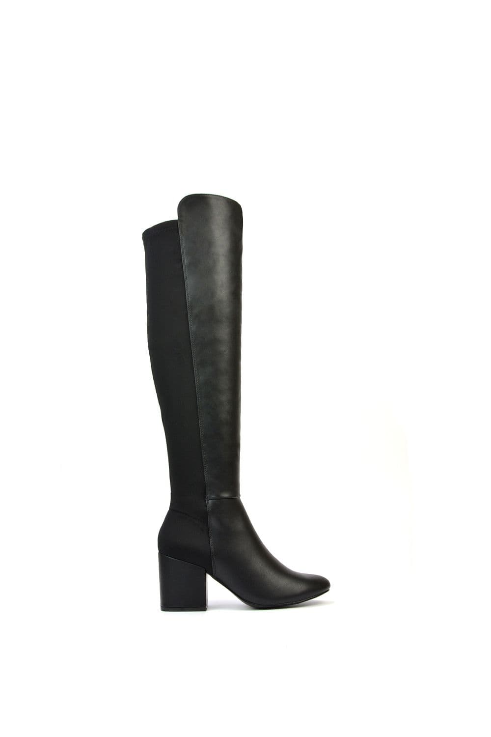 XY London Women's ‘Falcon' Knee High Boots Elasticated Calf Fit Mid Block Heel in Black | Size: 5