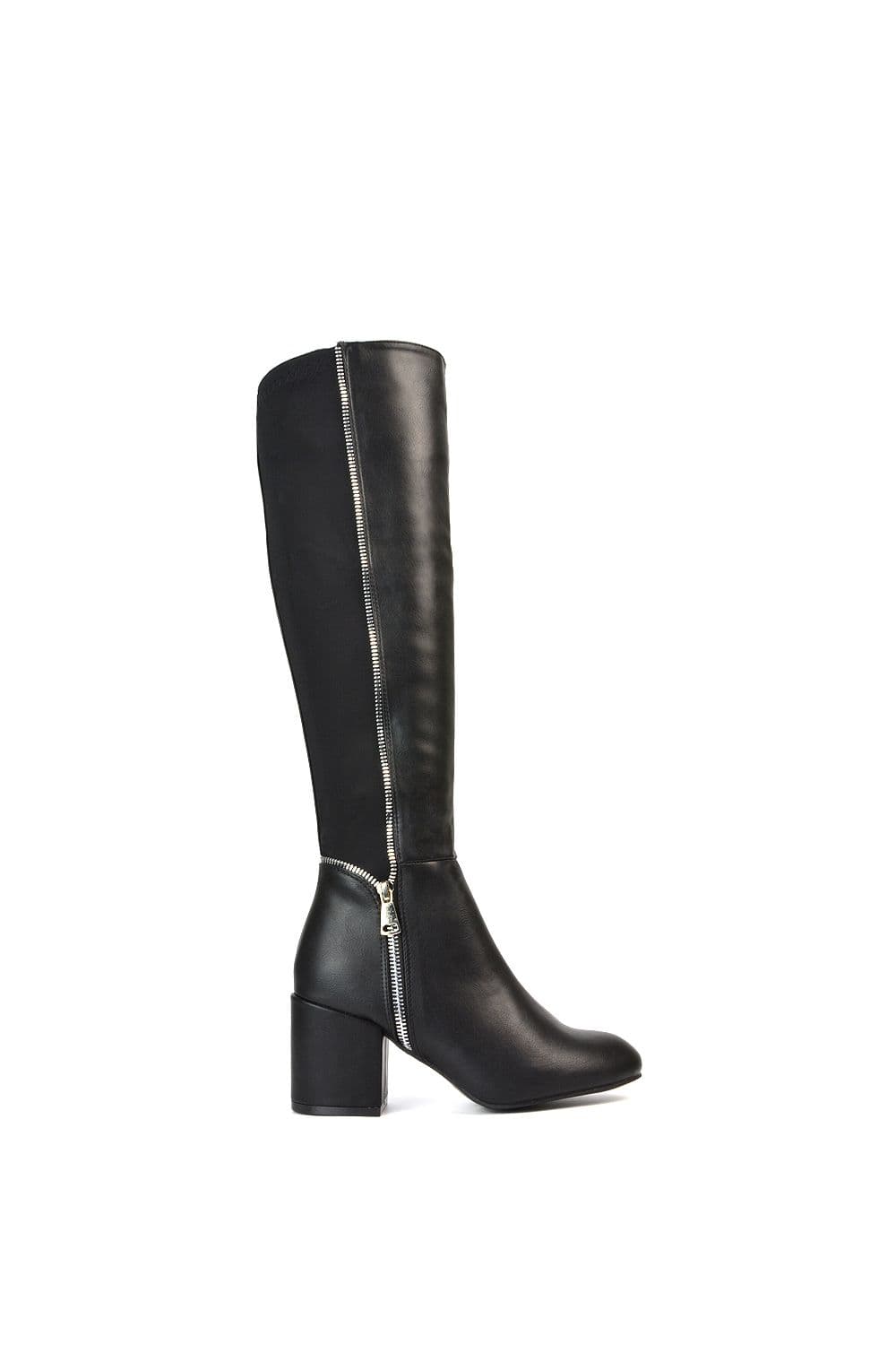 XY London Women's 'Ronald' Silver Zip Up Knee High Boots With Mid Block Heel in Black | Size: 6