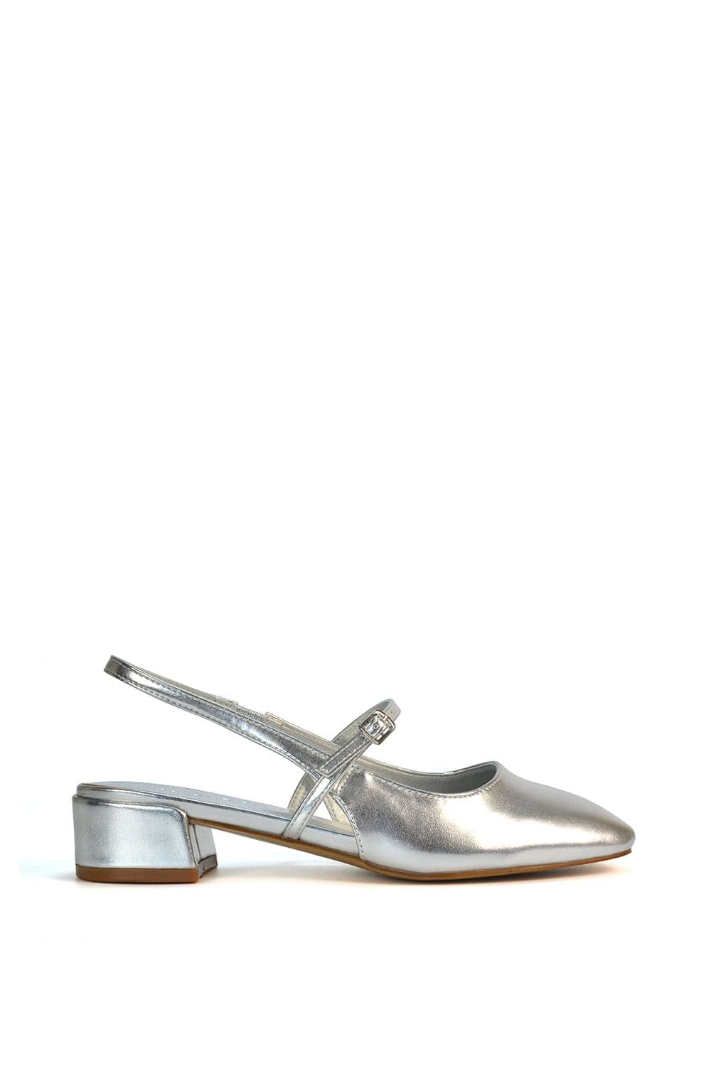 XY London Women's 'Marie' Low Block Heel Square Toe Closed Toe Slingback Shoes in Metallic Silver | Size: 3