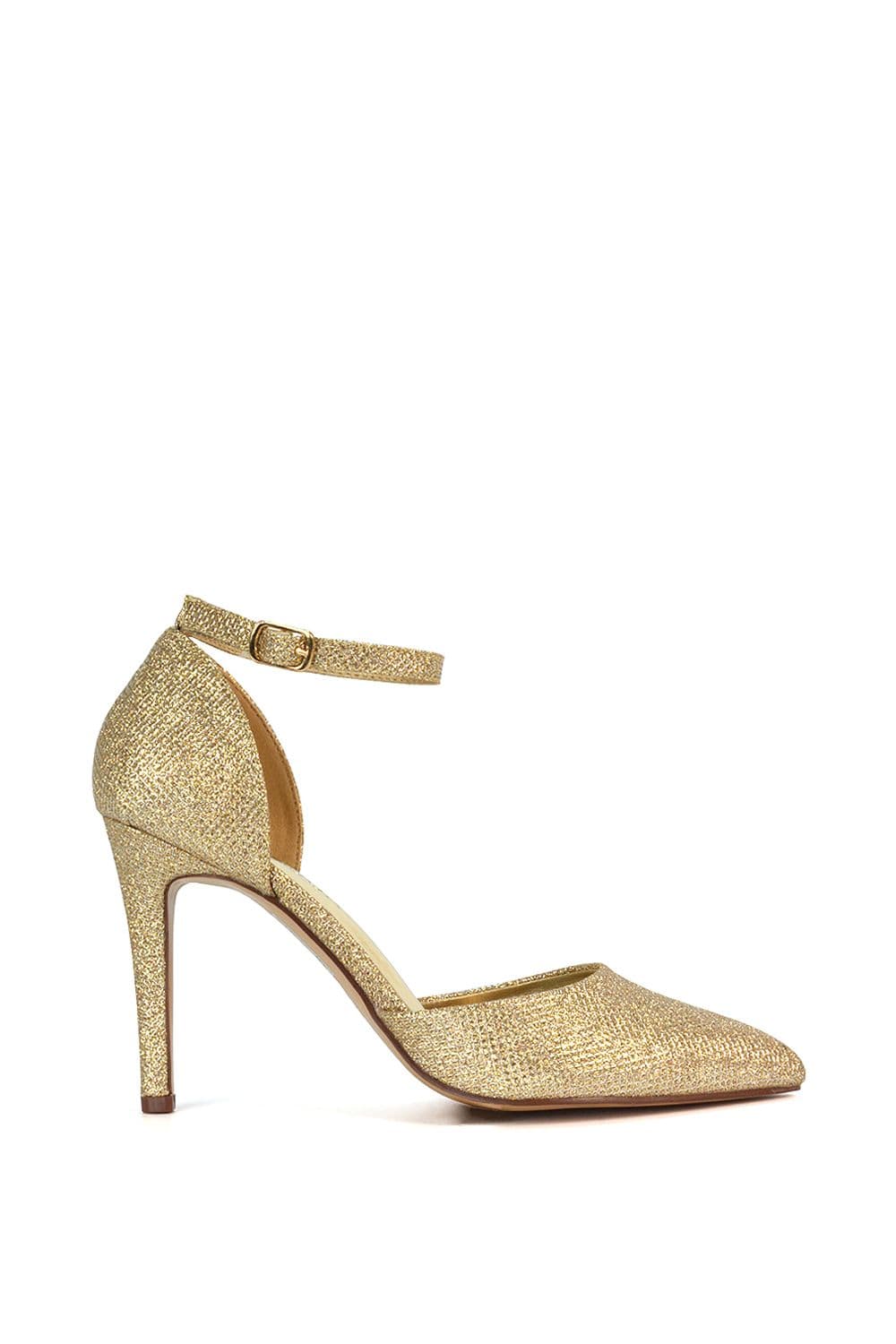 XY London Women's 'Claire' D'Orsay Point Toe Ankle Strap Stiletto Heel Court Shoes in Gold | Size: 4