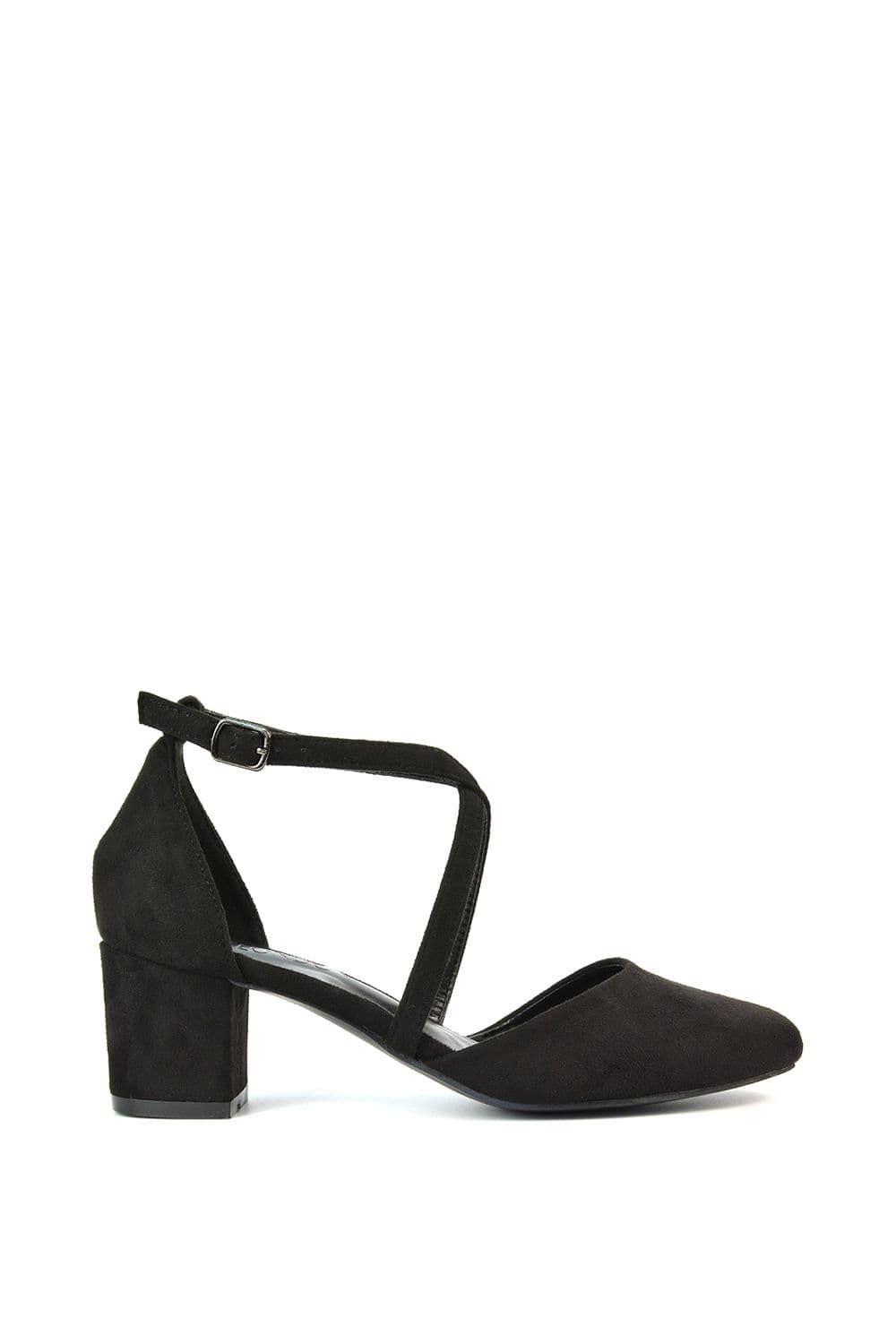 XY London Women's 'Cindy' Strappy Mid Low Block Heel Court Shoes with Ankle Strap in Jet Black | Size: 5