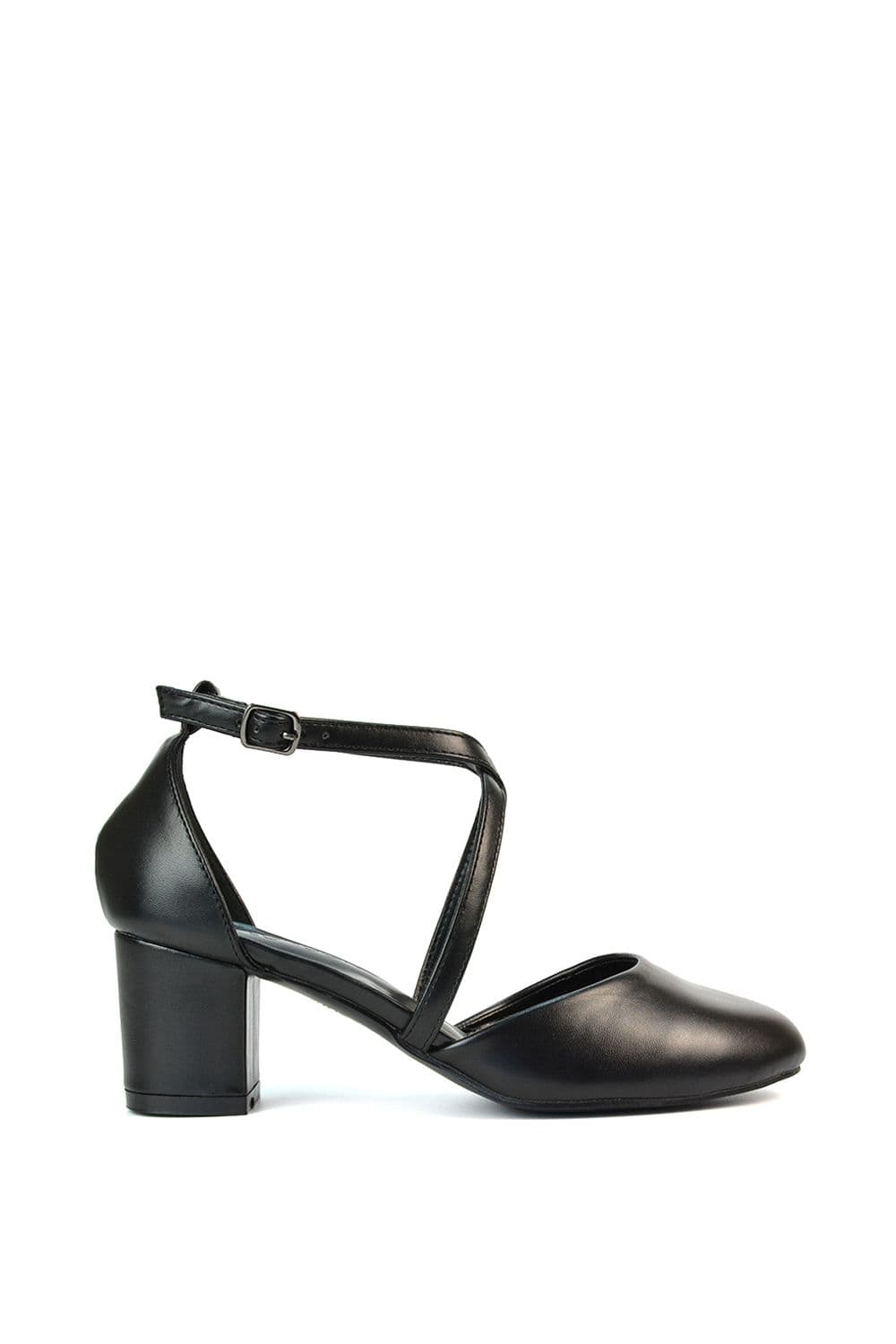 XY London Women's 'Cindy' Strappy Mid Low Block Heel Court Shoes with Ankle Strap in Black | Size: 5
