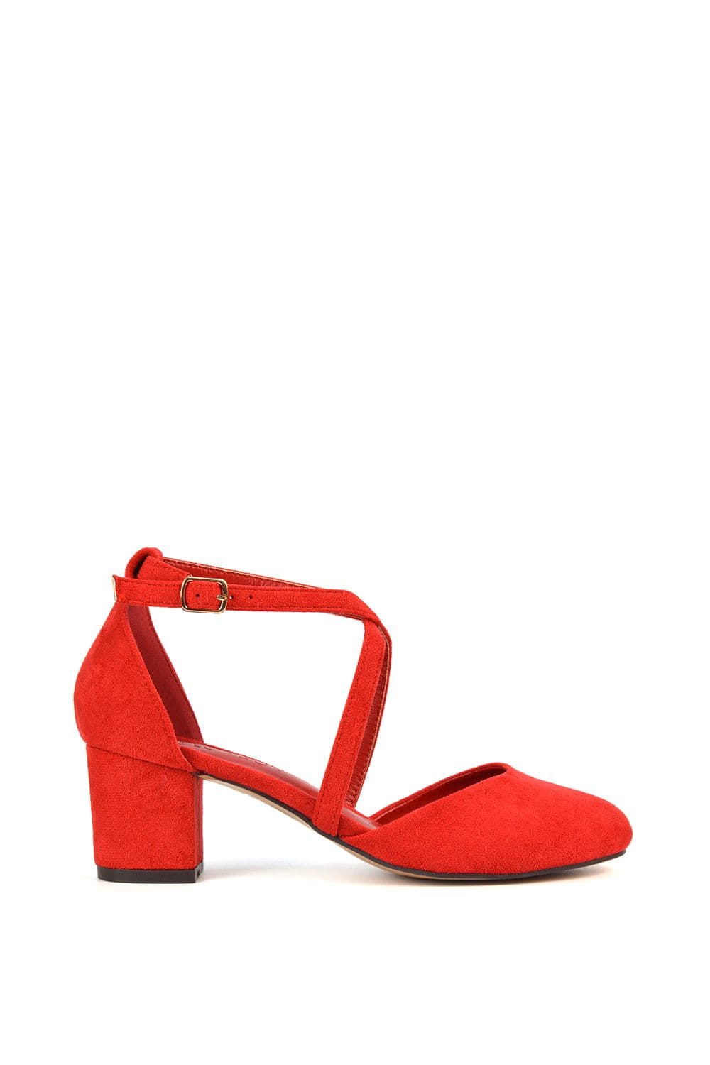 XY London Women's 'Cindy' Strappy Mid Low Block Heel Court Shoes with Ankle Strap in Red | Size: 5