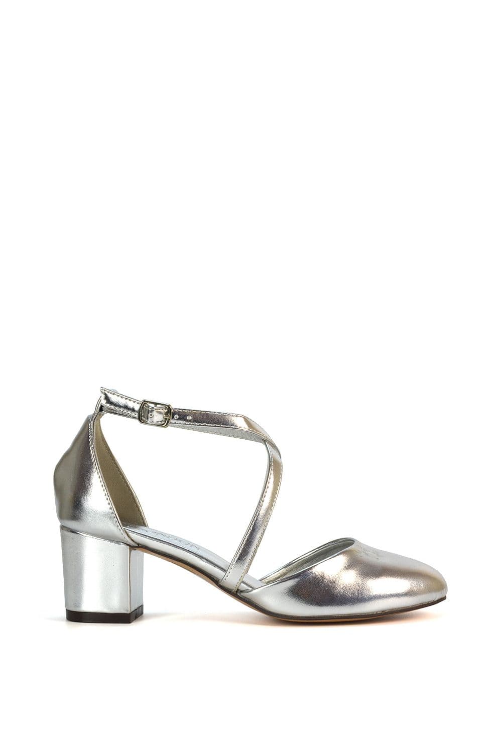 XY London Women's 'Cindy' Strappy Mid Low Block Heel Court Shoes with Ankle Strap in Metallic Silver | Size: 4