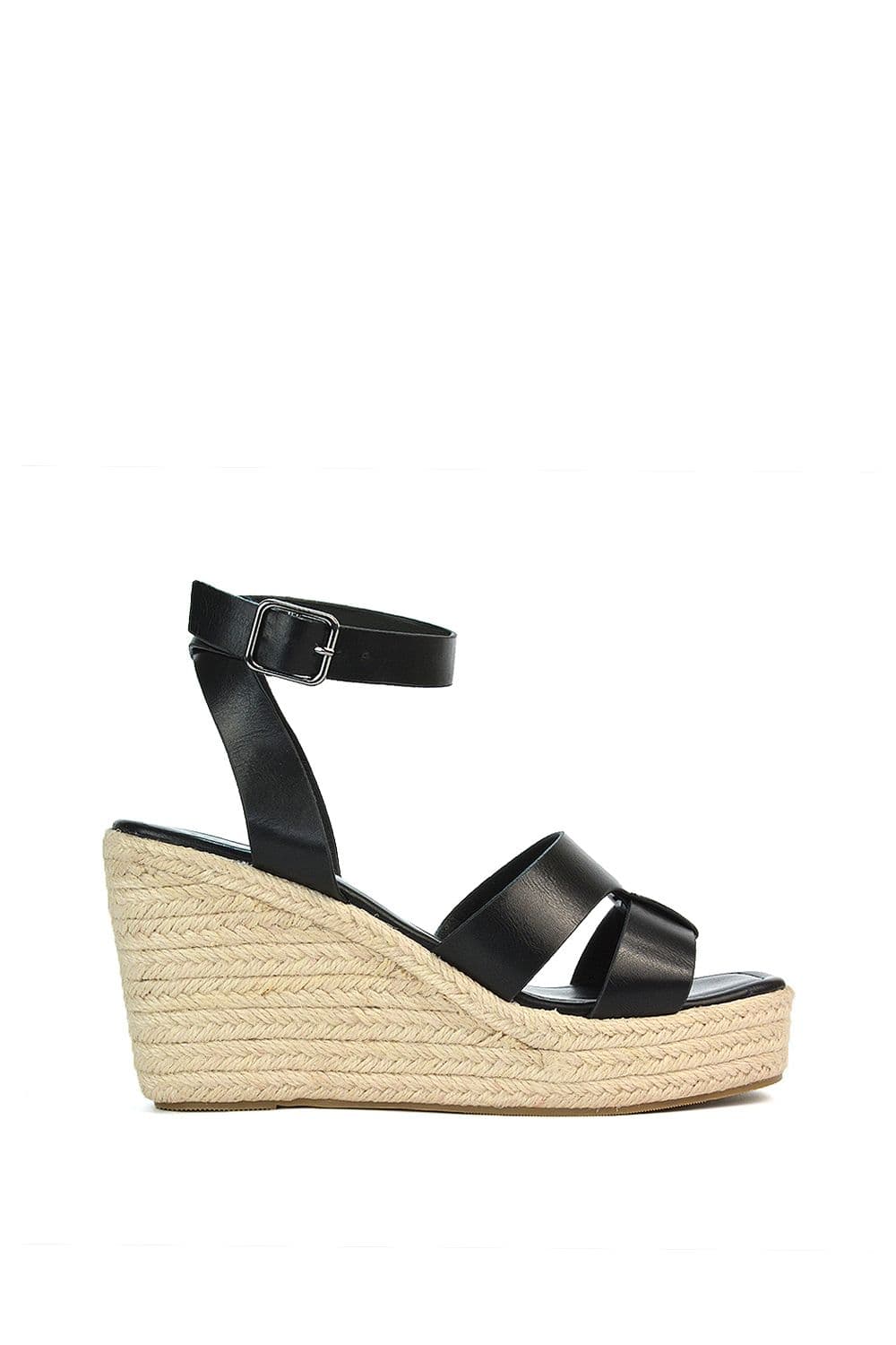 XY London Women's 'Kala' Espadrille Strappy Platform Wedge Heel Sandals With Ankle Strap in Black | Size: 7