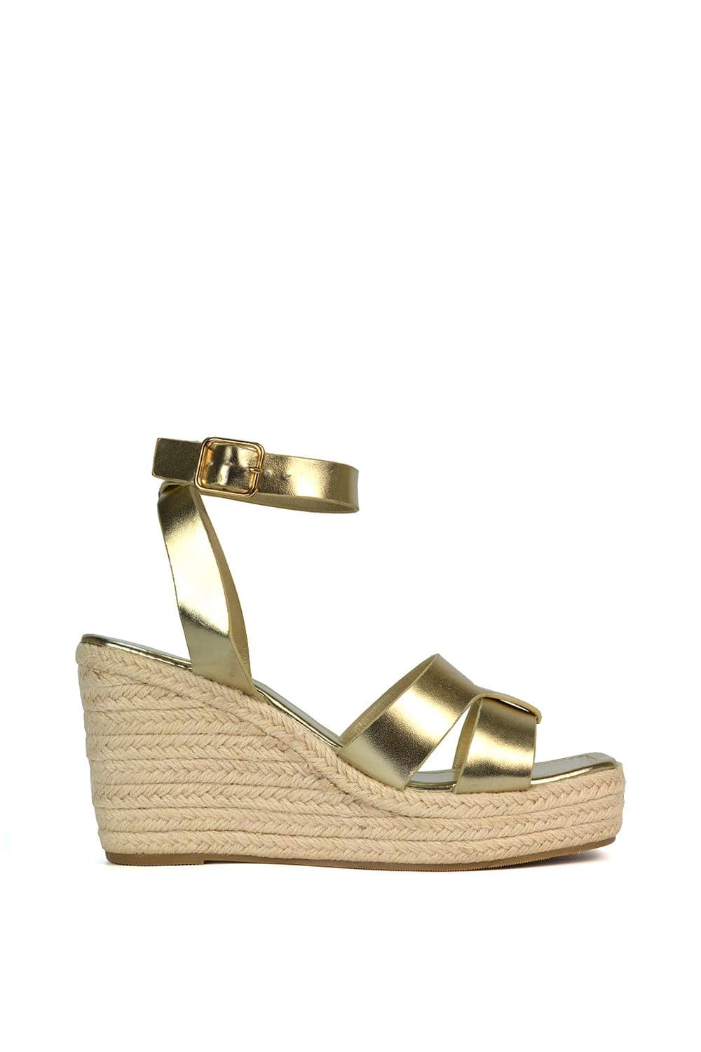 XY London Women's 'Kala' Espadrille Strappy Platform Wedge Heel Sandals With Ankle Strap in Metallic Gold | Size: 8