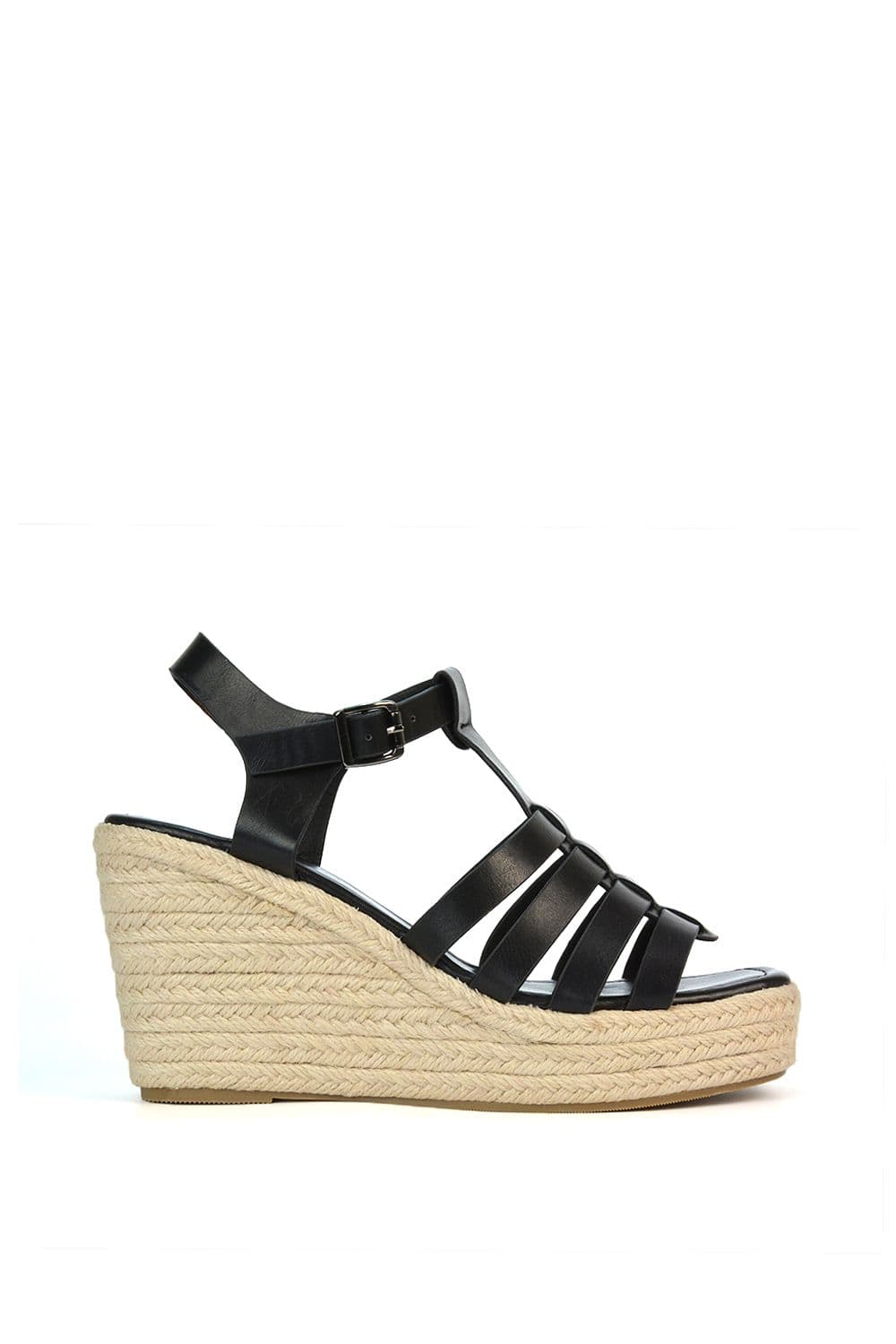 XY London Women's 'Remi' Wedge Heel Platform Espadrille Square Toe Sandals in Black | Size: 6