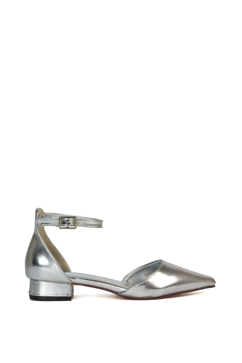 XY London Women's 'Jenny' Low Heel Flat Pointed Toe Ankle Strap Court Shoes in Metallic Silver | Size: 6