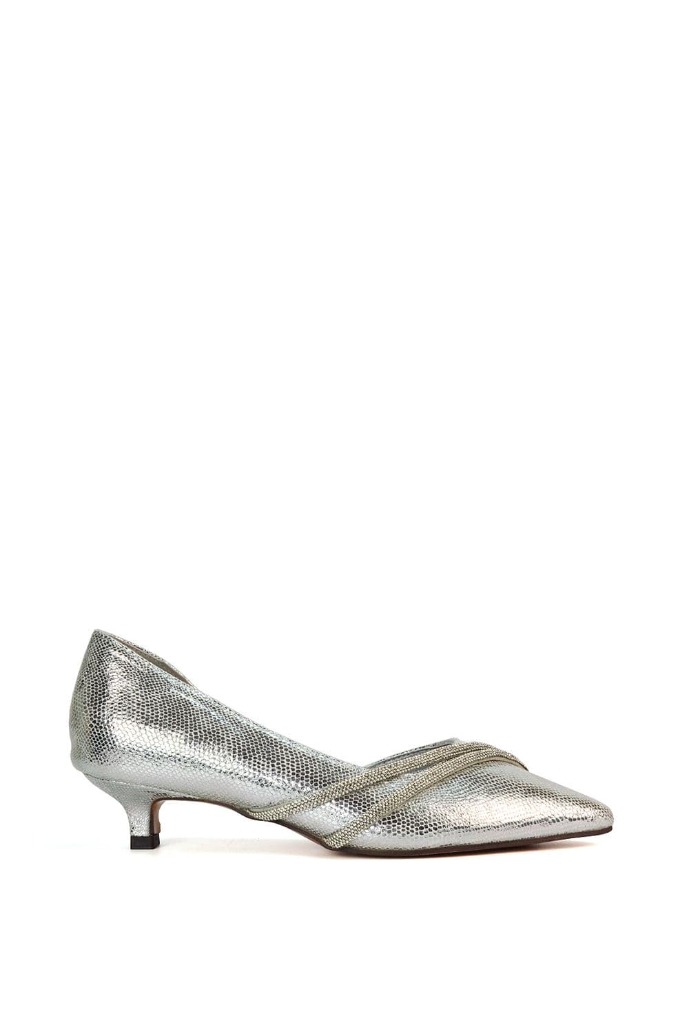 XY London Women's 'Kirsty' Pointed Rhinestone Low Kitten Heel Court Shoes in Silver | Size: 5
