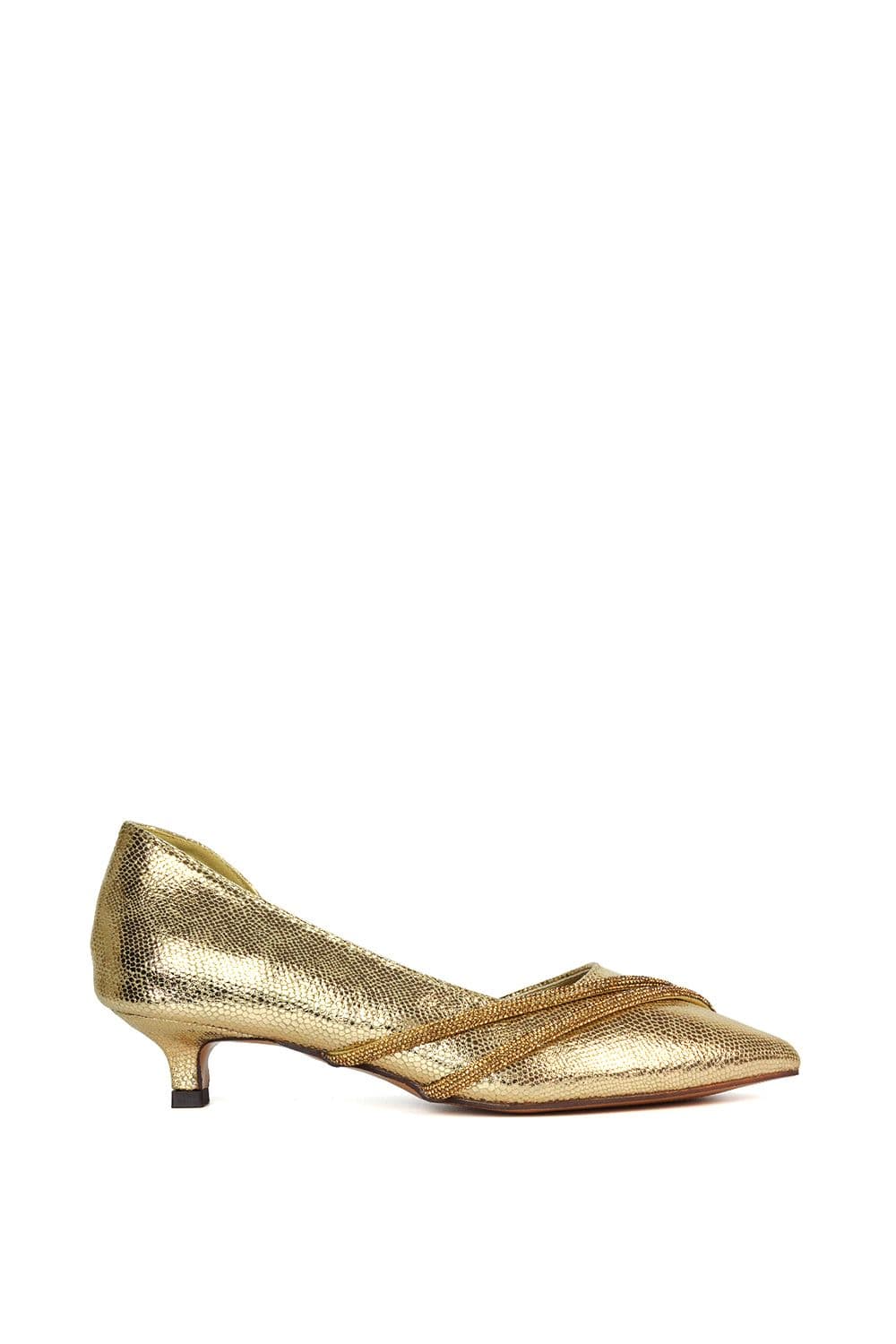XY London Women's 'Kirsty' Pointed Rhinestone Low Kitten Heel Court Shoes in Gold | Size: 5