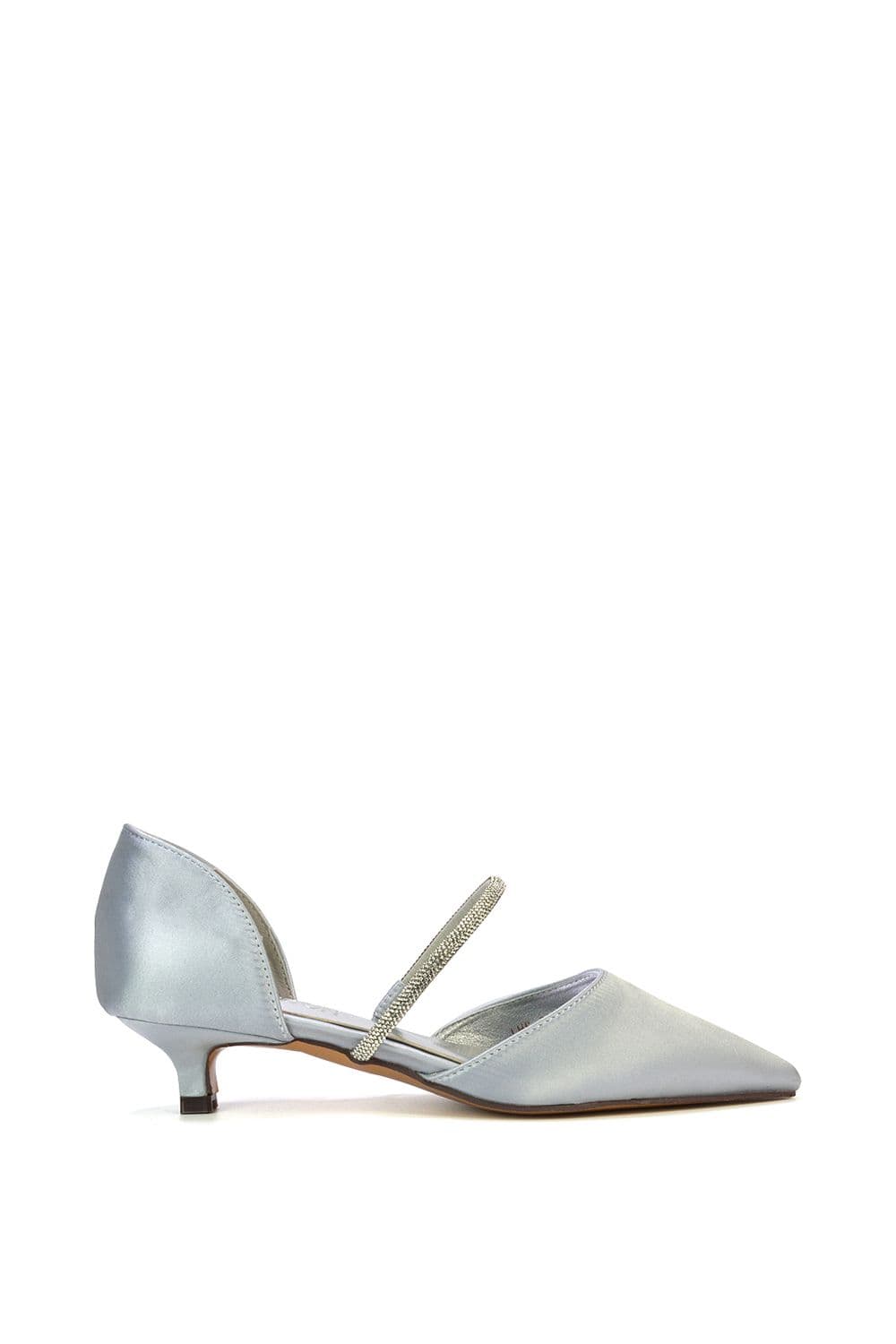 XY London Women's 'Laura' Diamante Strap Kitten Heel Pointed Toe Court Shoes in Metallic Silver | Size: 6