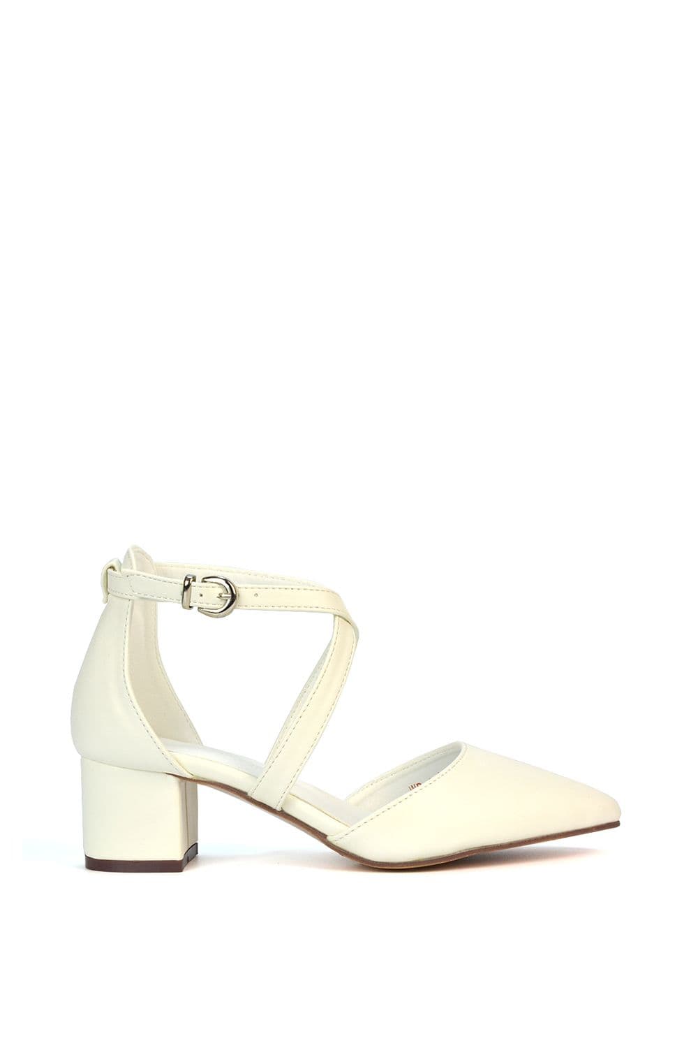 XY London Women's 'Cynthia' Pointed Toe Ankle Strap Mid Block Heel Court Shoes in White | Size: 7