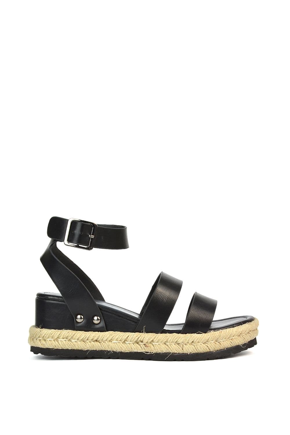 XY London Women's 'Brook' Espadrille Platform Wedge Low Heel Sandal Shoes With Ankle Strap in Black | Size: 8