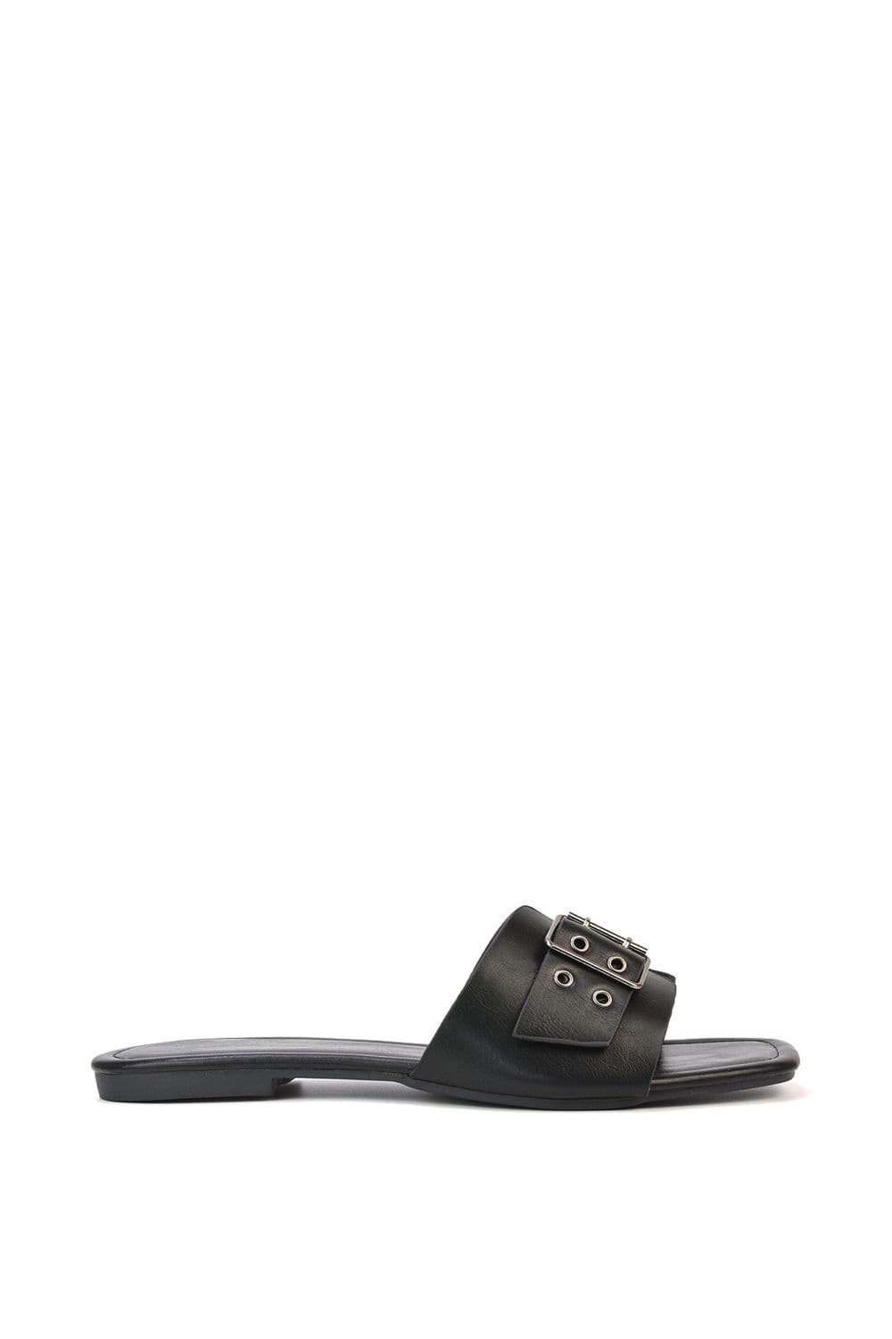 XY London Women's 'Inez' Square Toe Slip On Strappy Flat Sandals With Buckle in Black | Size: 3