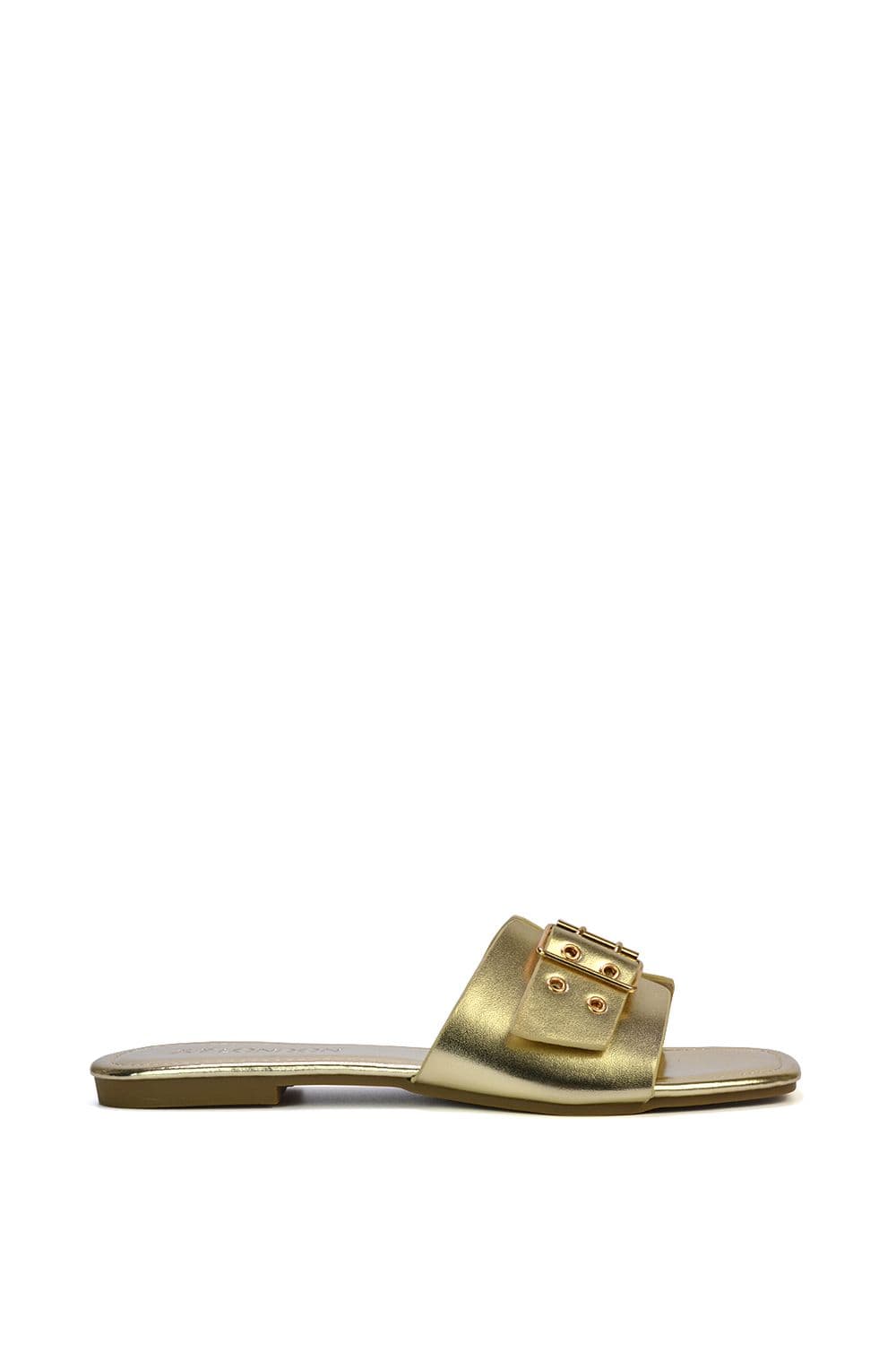 XY London Women's 'Inez' Square Toe Slip On Strappy Flat Sandals With Buckle in Metallic Gold | Size: 3
