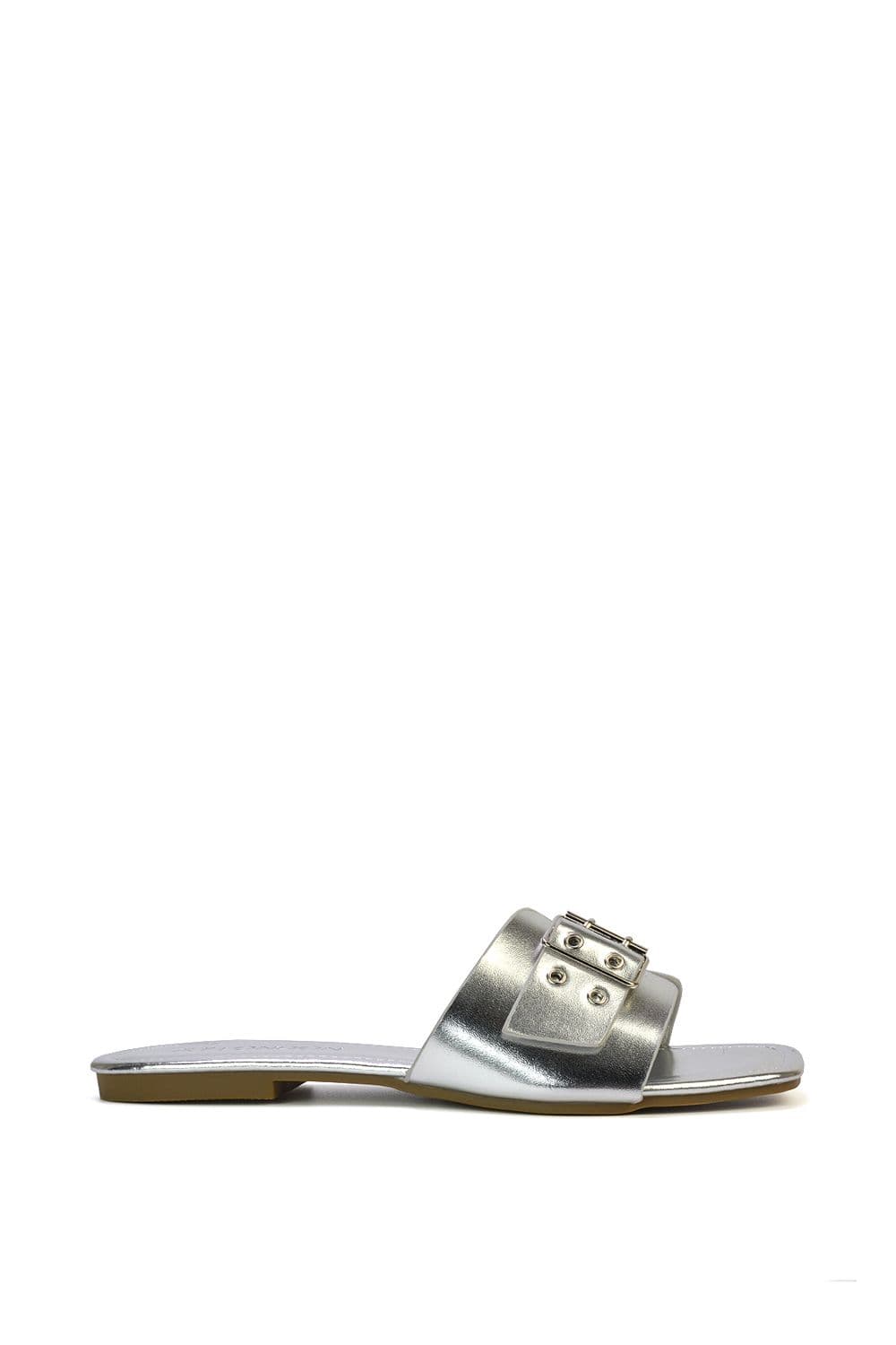 XY London Women's 'Inez' Square Toe Slip On Strappy Flat Sandals With Buckle in Metallic Silver | Size: 5
