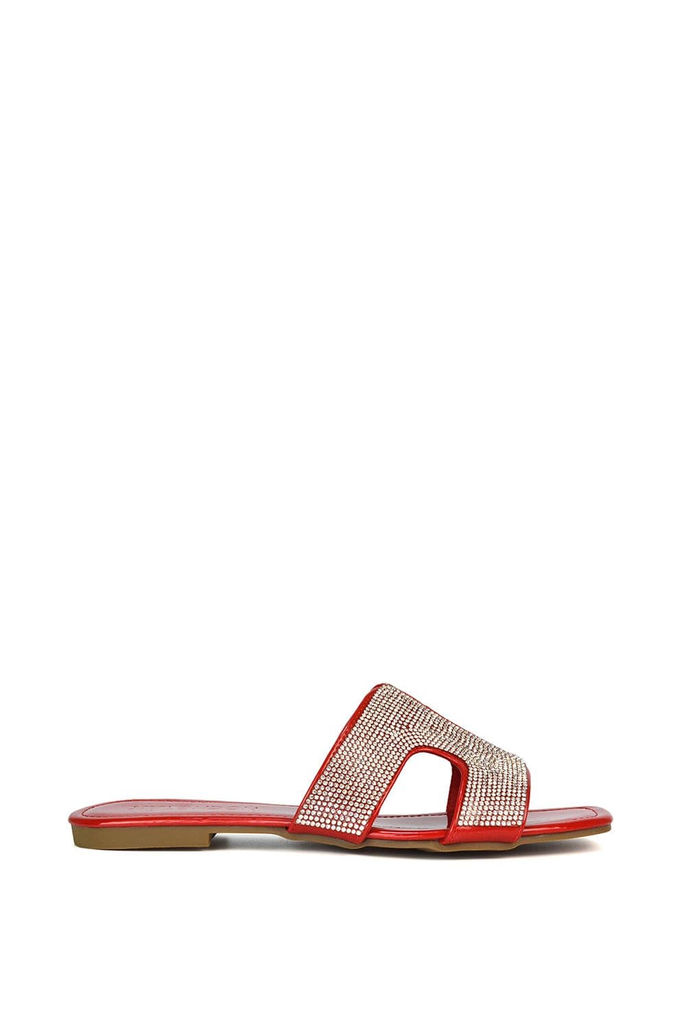 XY London Women's 'Jamie' Diamante Flat Slip On Sparkly Slider Sandals in Red | Size: 5