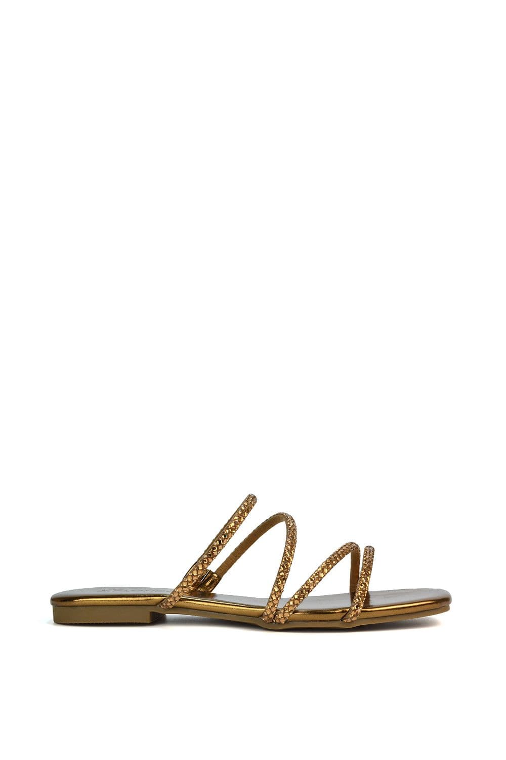 XY London Women's 'Kiki' Flat Diamante Slider Sandal Shoes With Square Toe in Metallic Gold | Size: 3