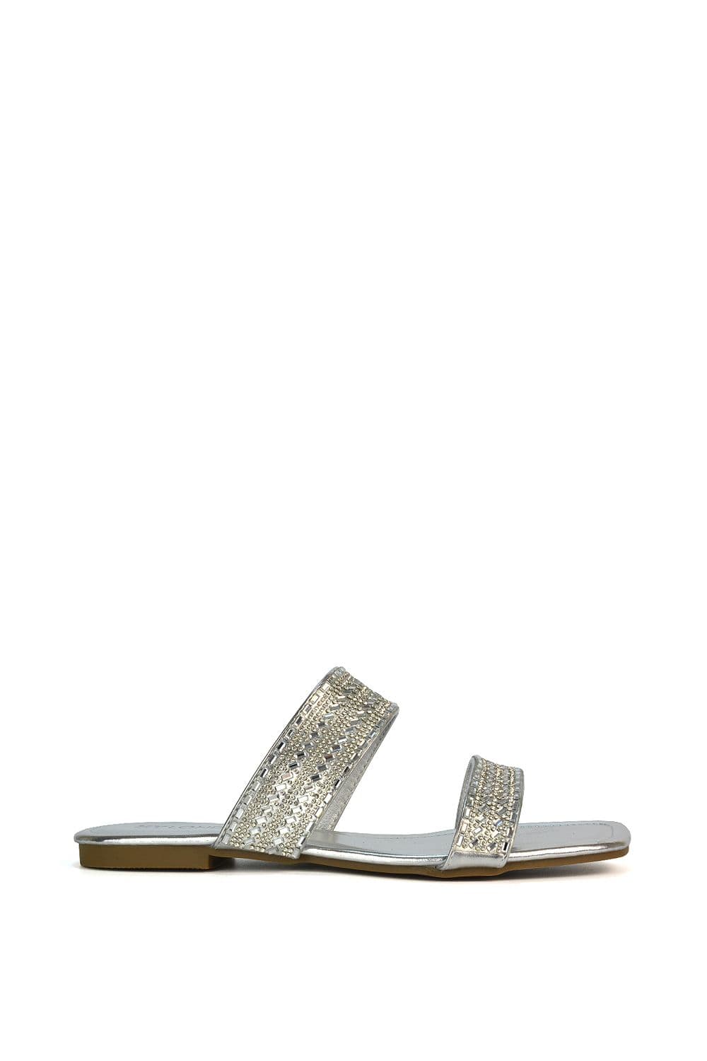 XY London Women's 'Lucy' Slip On Flat Cork Slider Mules in Metallic Silver | Size: 3