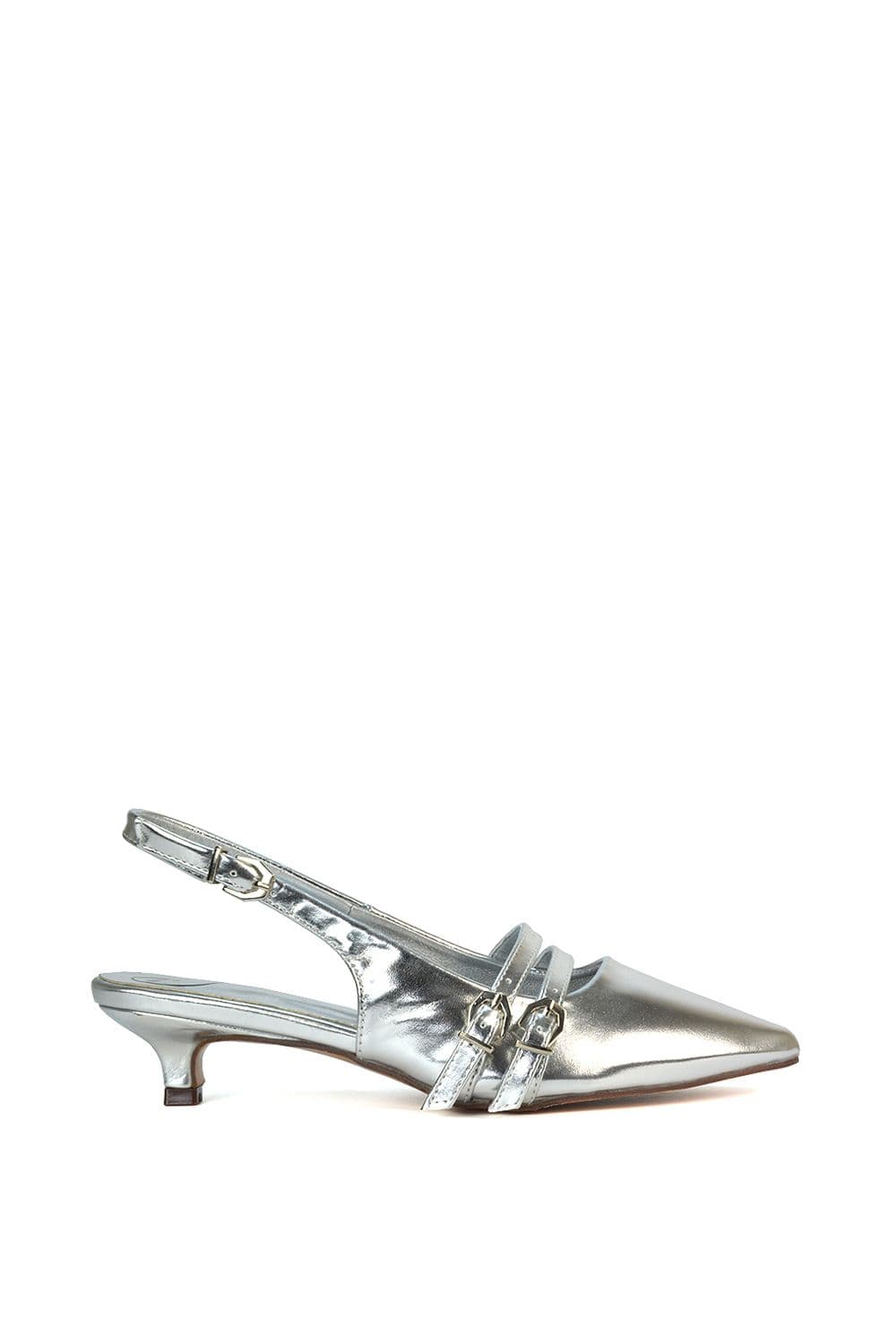 XY London Women's 'Cassie' Slingback Low Kitten Heel Courts with Point Toe in Metallic Silver | Size: 8